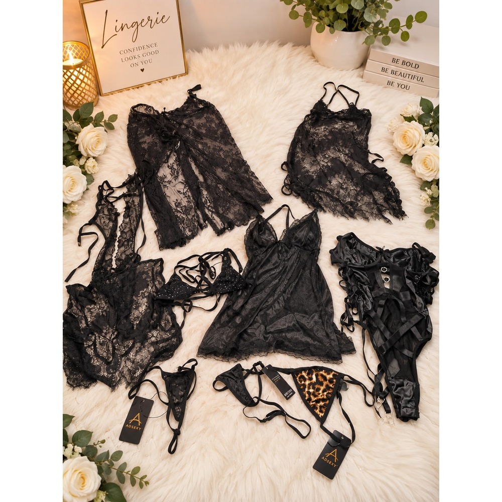 Women's Black Lingerie Lot – 9 Pieces – Small/Medium/One Size